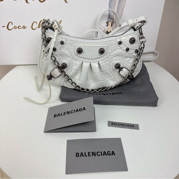 Authentic Balenciaga Le Cagole Crocodile Embossed Mini Bag With Chain in White - Picture 1 of 14